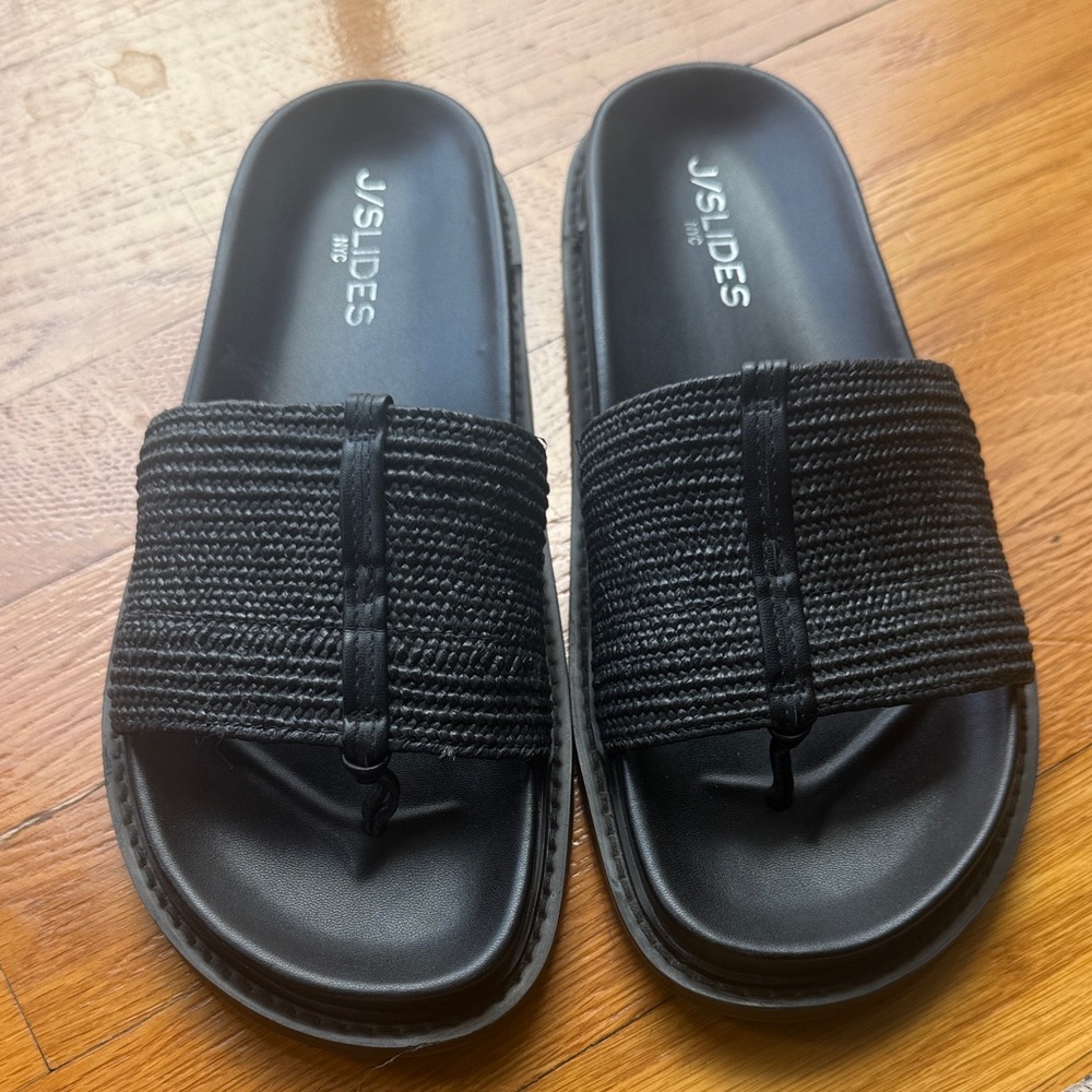 J/SLIDES Black Braided Toe-Loop Slide Sandals
